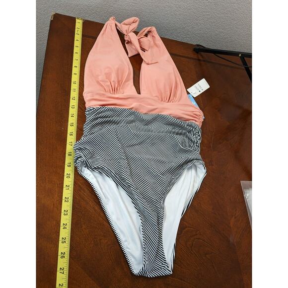 Cupshe One Piece Swimsuit M Pink Halter Plunging Neck Ruched Striped Bottom Swim - Picture 7 of 11